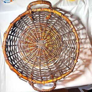 Large Floor Wicker Basket With Handles-!8" Diameter around Top-Brown Mix-Holes